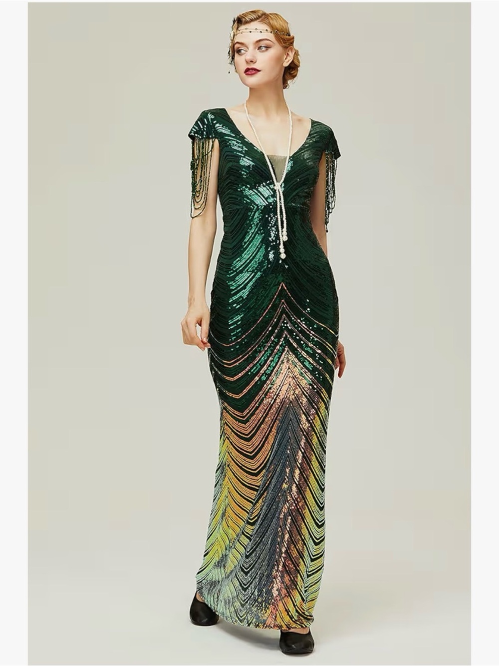 Elegant Dark Green Sequin Maxi Dress with Fringe